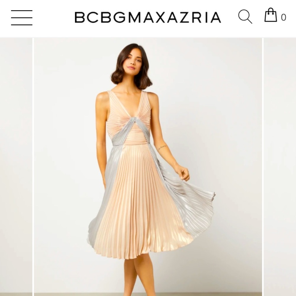 BCBG cocktail party dress, rose gold and silver, size 6.